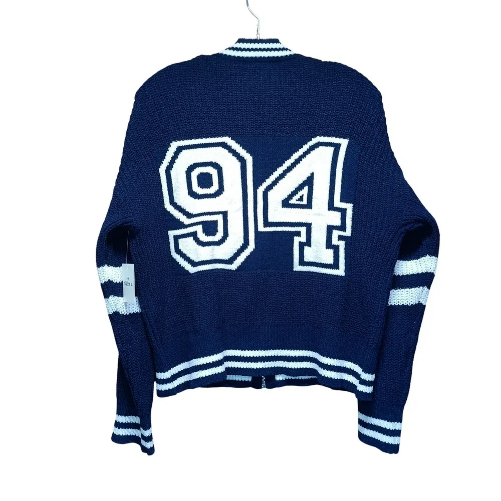 Nikka K Womens L Varsity Cardigan‎ Sweater Navy Blue Full Zip Embroidered NWT